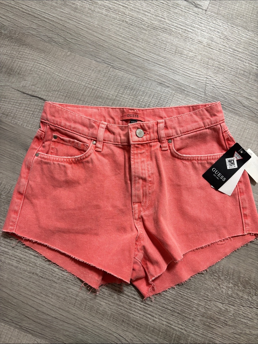 GUESS Coral-Orange High Rise Denim Cutoff Shorts